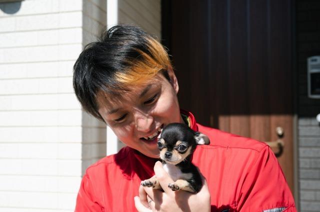 写真：小さな愛犬を大切に持ち、優しい目線を向ける水元さん